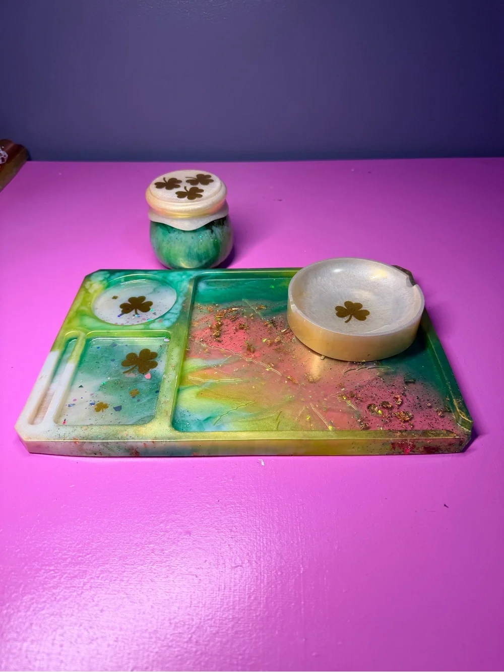 Handmade Green & Gold Resin Tray Set with Clover Inlay